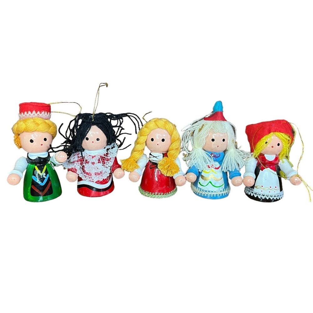 Vintage 80’s‎ Handmade Wooden Christmas Ornaments Nationality Dolls Set of 5